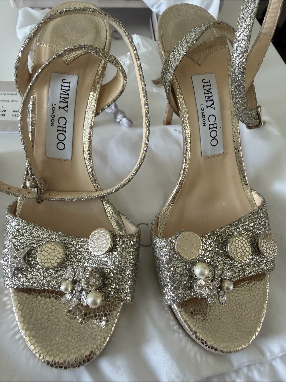 Jimmy Choo Gold Jeweled Ankle-Strap Sandals - Picture 3 of 8